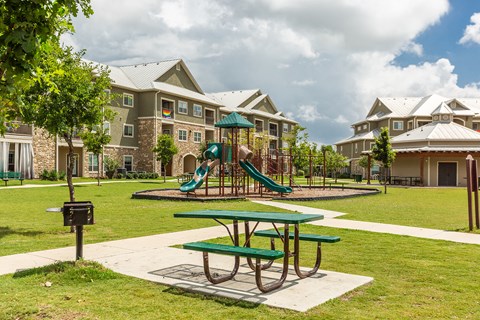 the preserve at ballantyne commons park with playground and picnic table