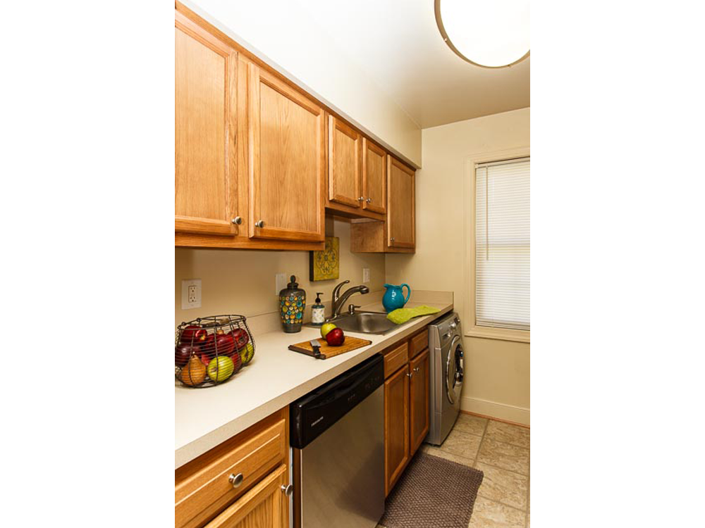 a kitchen with a sink and a dishwasher and wooden cabinets