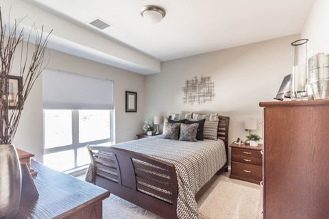 a bedroom with a bed and a dresser and a window
