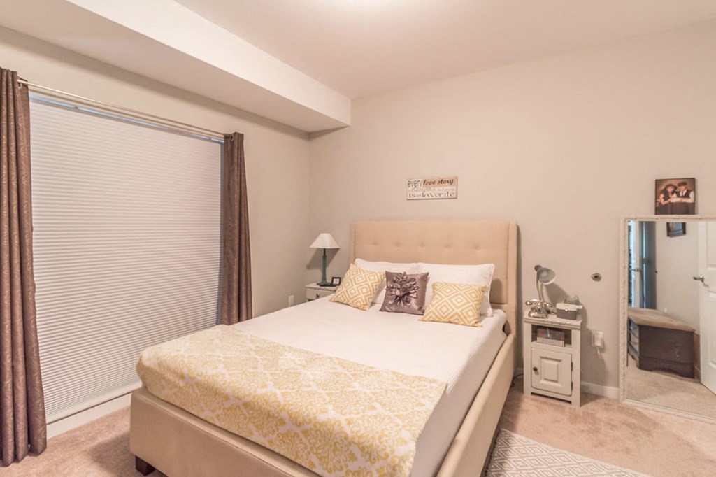 a bedroom with a large bed and a window