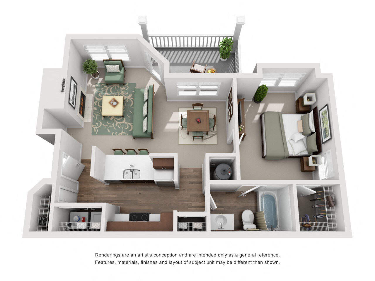 The Nighthawk Floor Plan; A one bedroom, one bathroom apartment floor plan at Eagles Landing at Church Ranch Apartments
