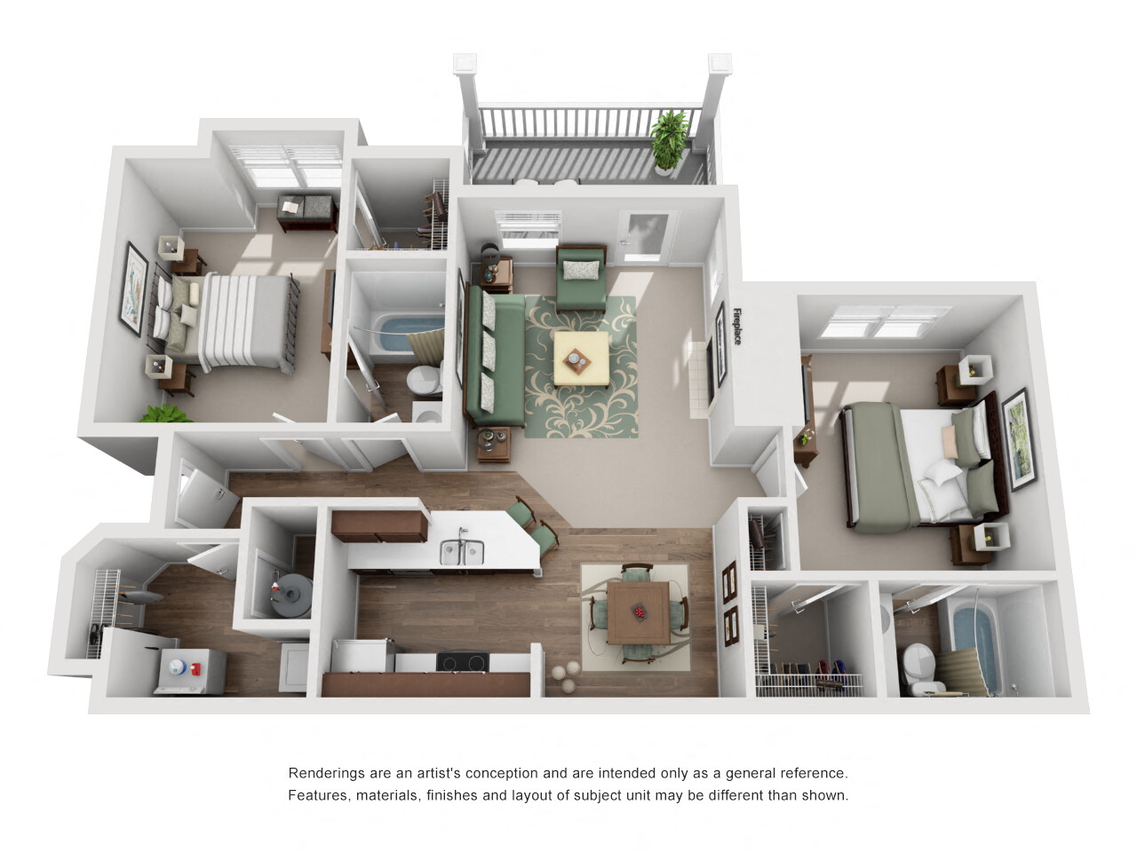 The Eagle Floor Plan; A two bedroom, two bathroom apartment floor plan at Eagles Landing at Church Ranch Apartments