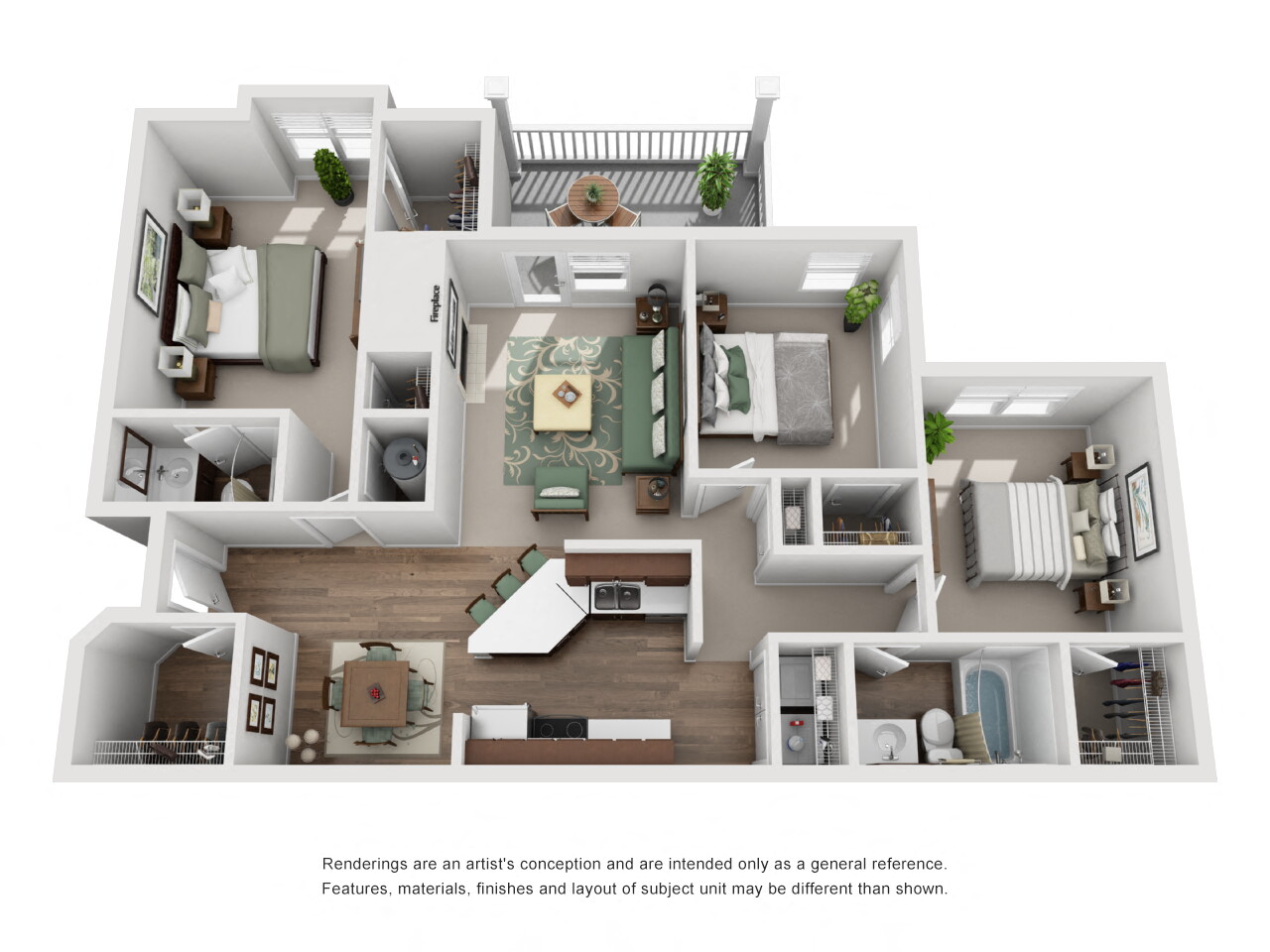 The Falcon Floor Plan; A three bedroom, two bathroom apartment floor plan at Eagles Landing at Church Ranch Apartments