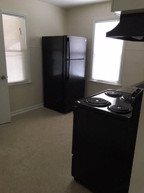 A black stove and refrigerator in a small kitchen.