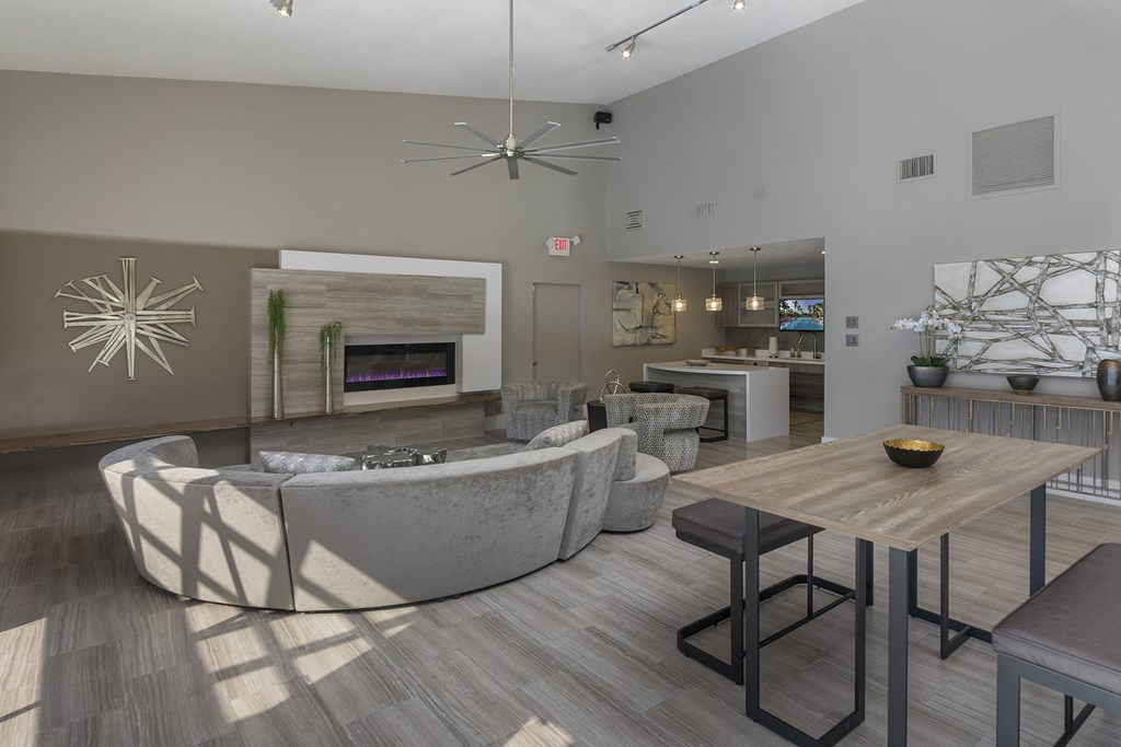 a living room with a couch and a table