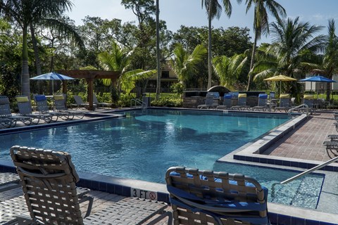 a swimming pool with chairs and umbrellas at a resort