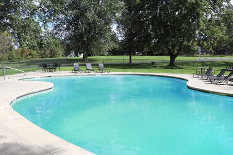 a swimming pool with chairs and trees in the background