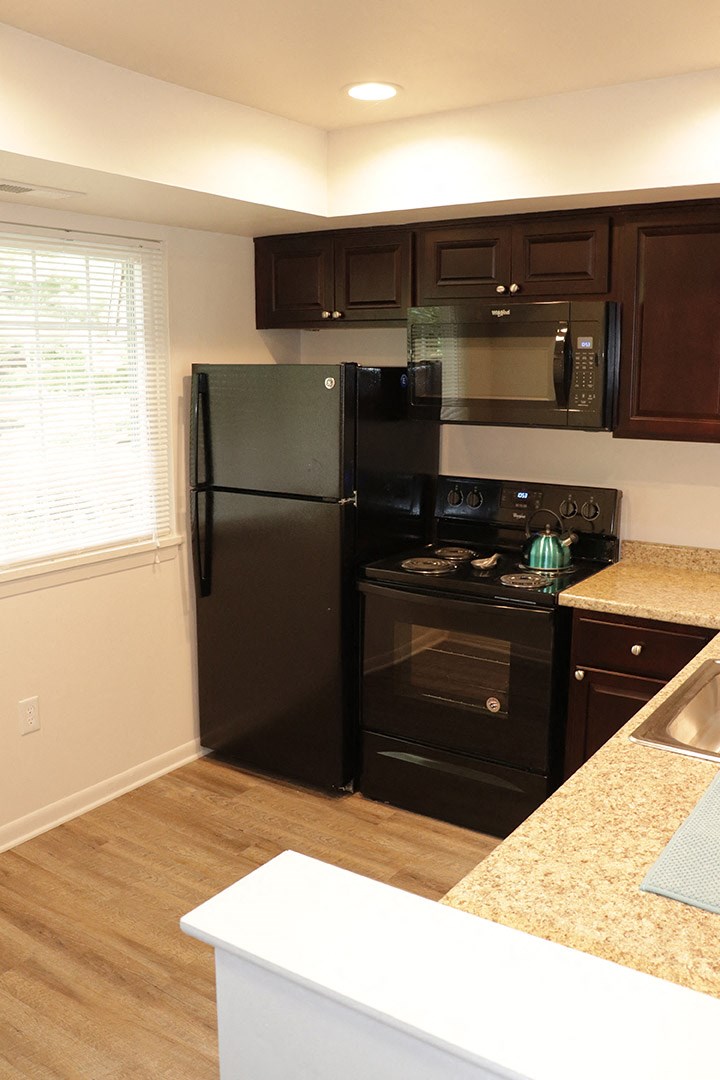 a kitchen with a black refrigerator and a stove