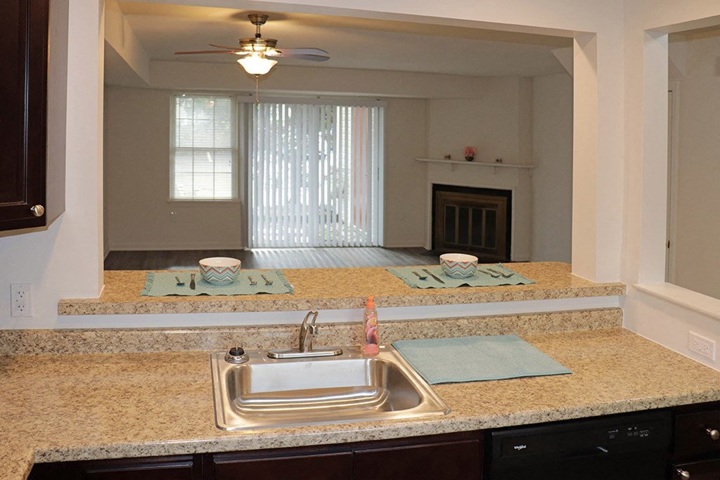 a kitchen with a sink and a counter top