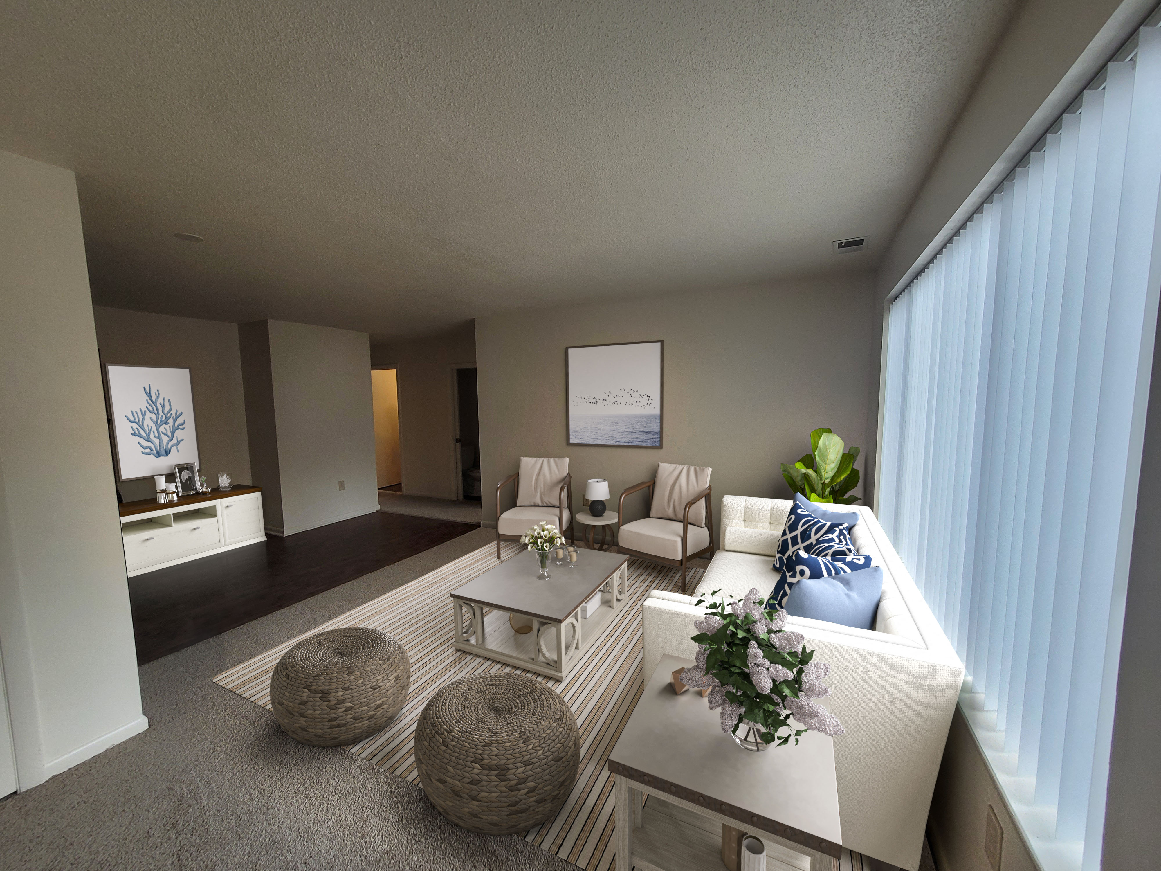 a living room with a couch and a table