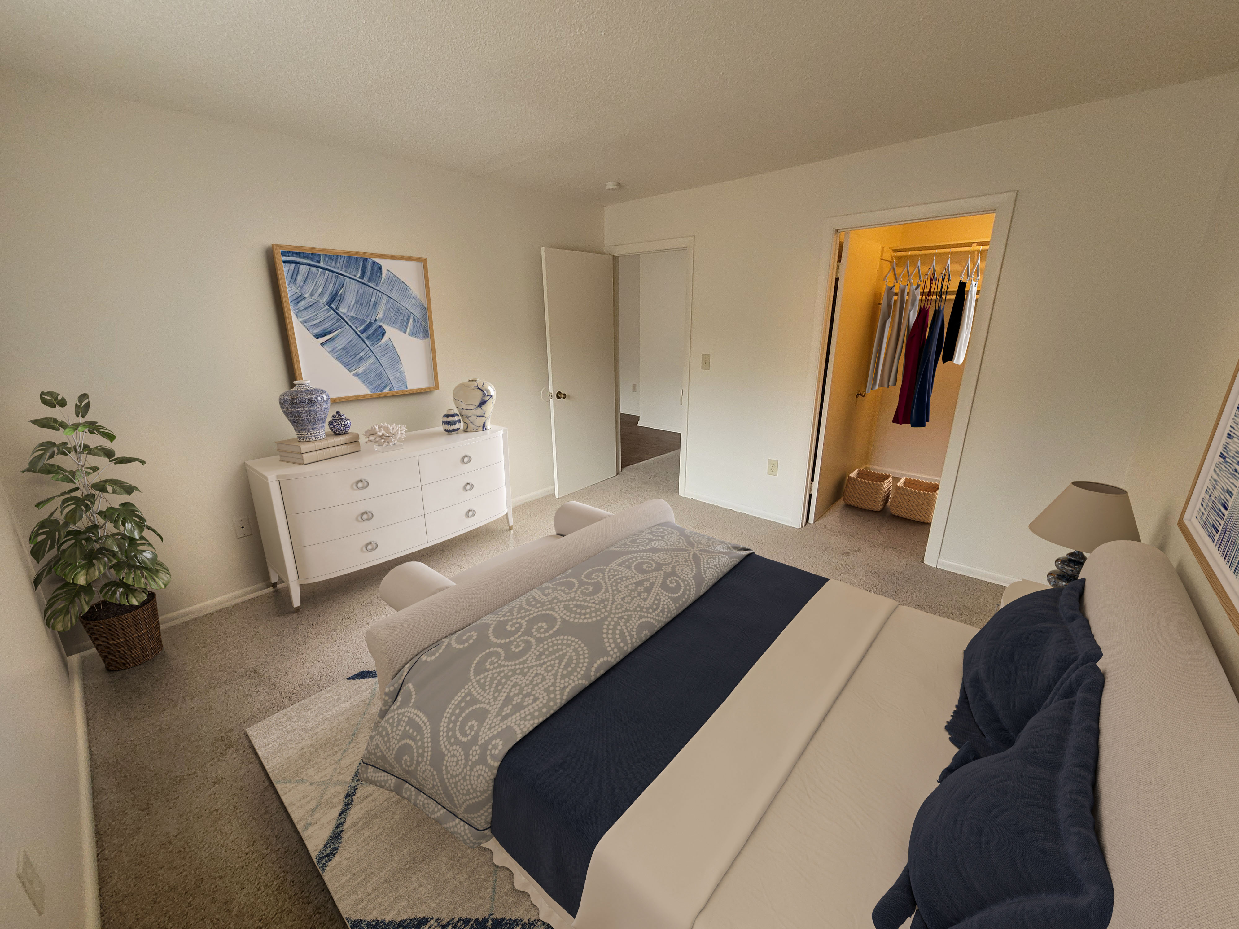 Wall to wall carpeting, large windows, central heating and cooling, walk in closet