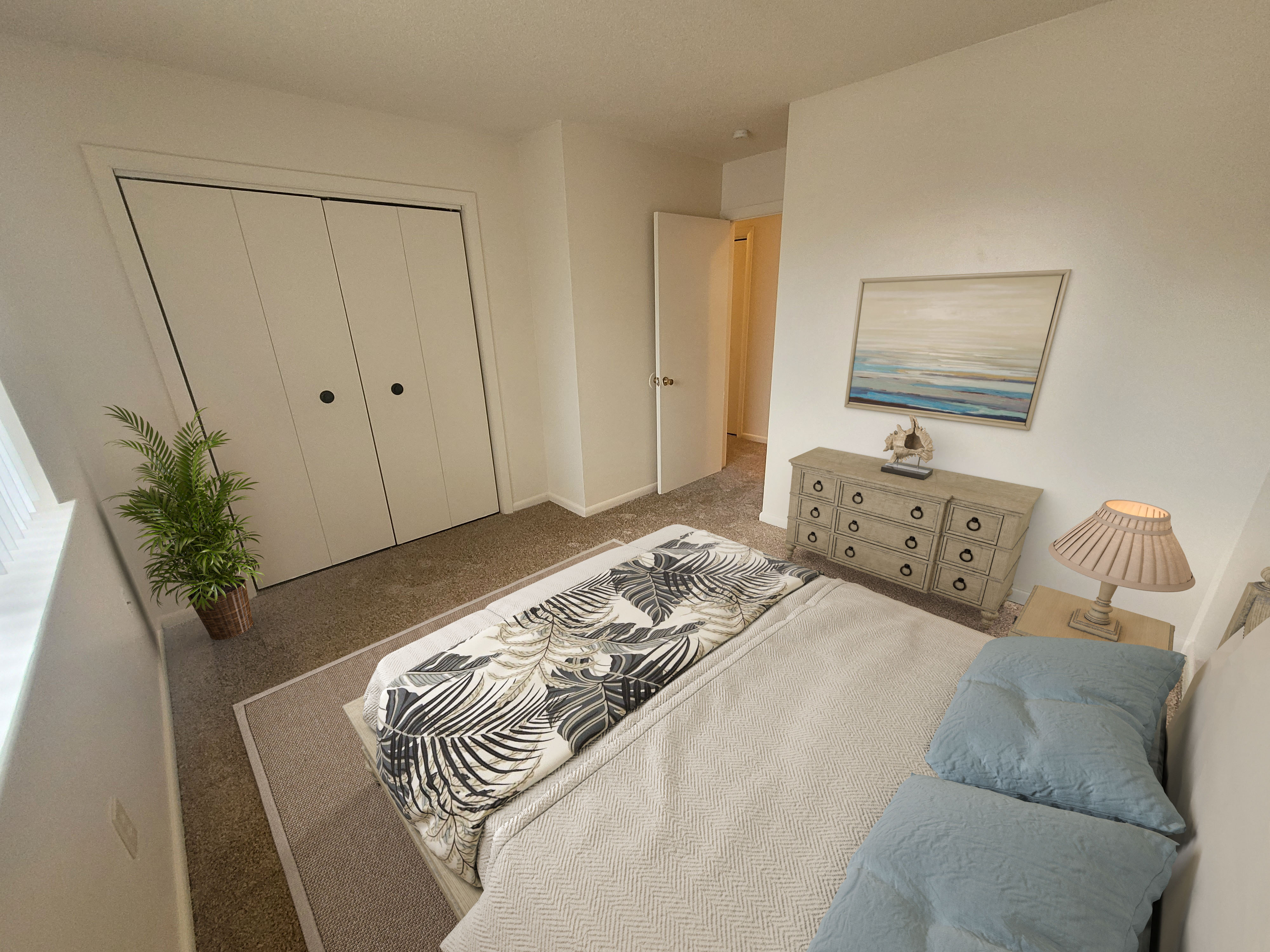 Wall to wall carpeting, large windows, central heating and cooling