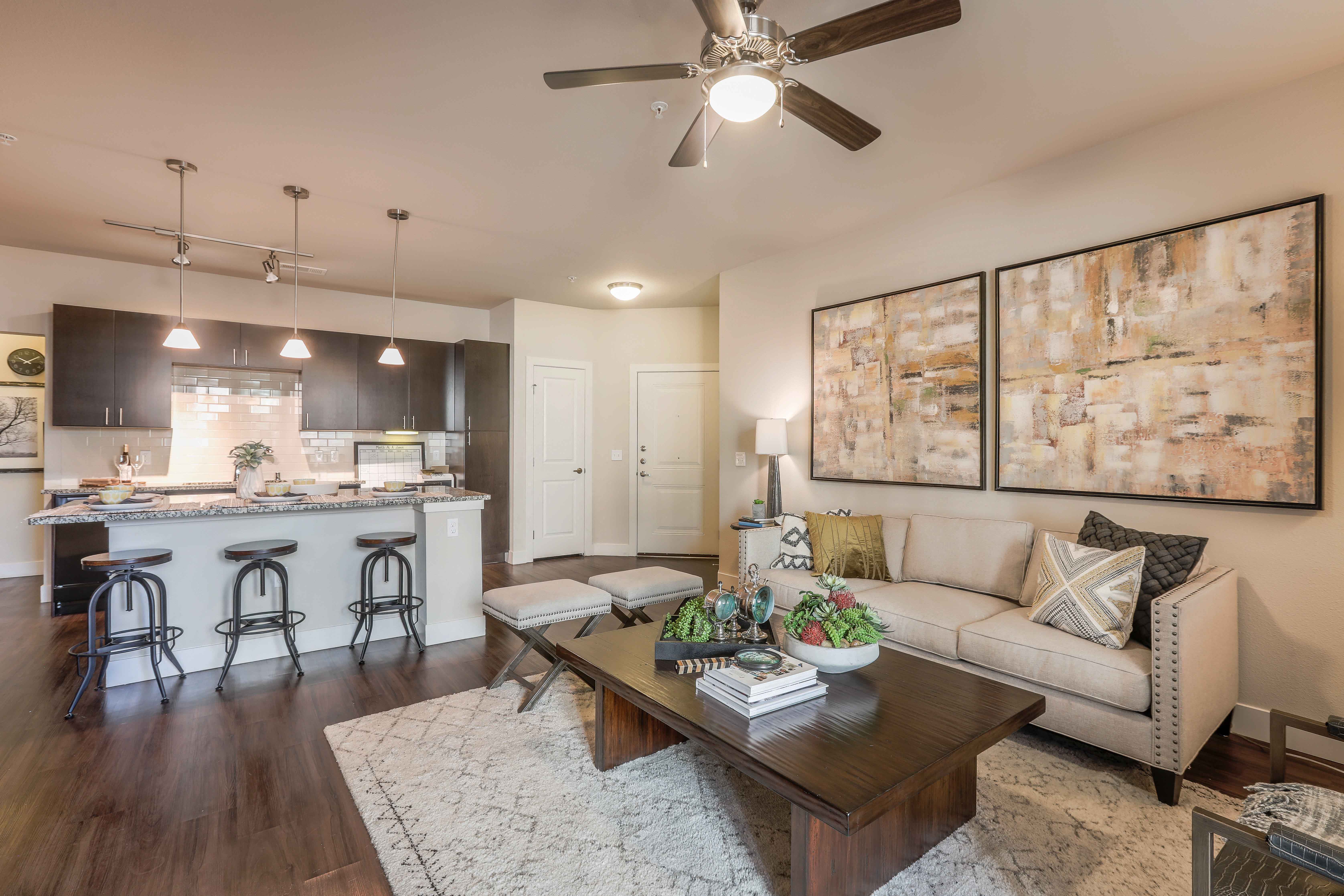 a living room with a couch and a table