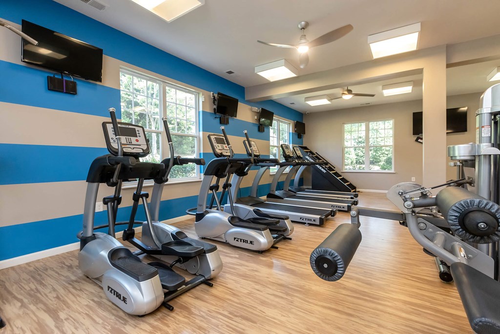 A gym with treadmills, elliptical machines, and a television.