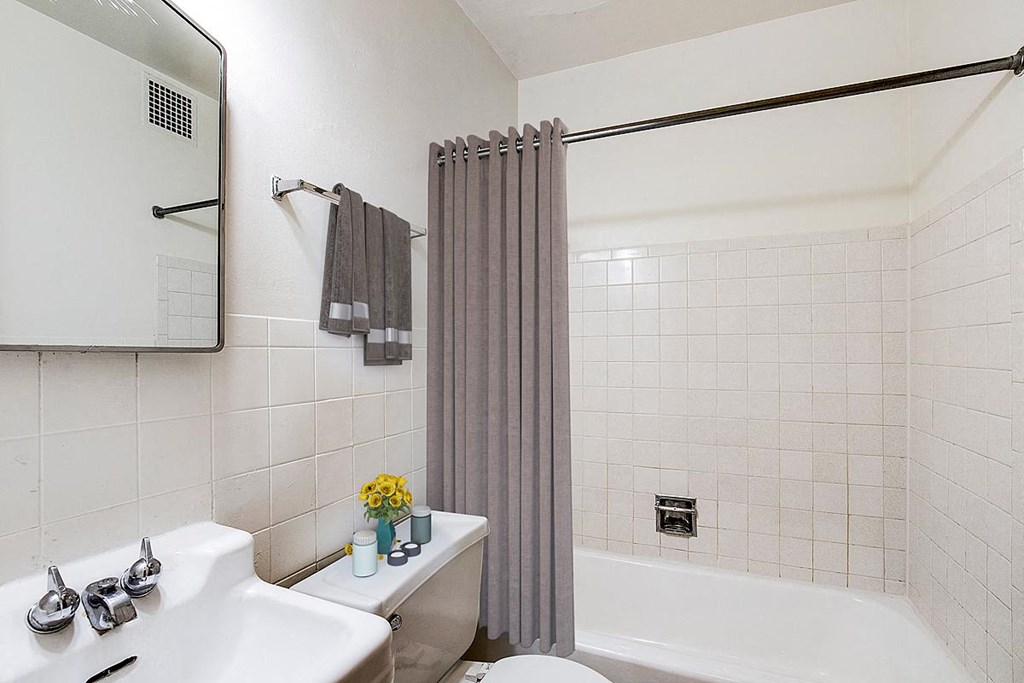 a bathroom with a shower curtain and a toilet and a sink
