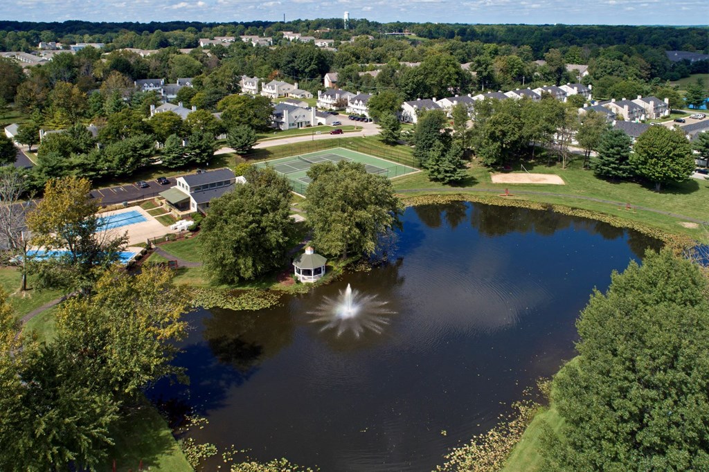 an aerial view of a pond with a reflection of the sun in the water