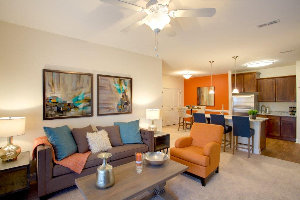 a living room with a couch and a table