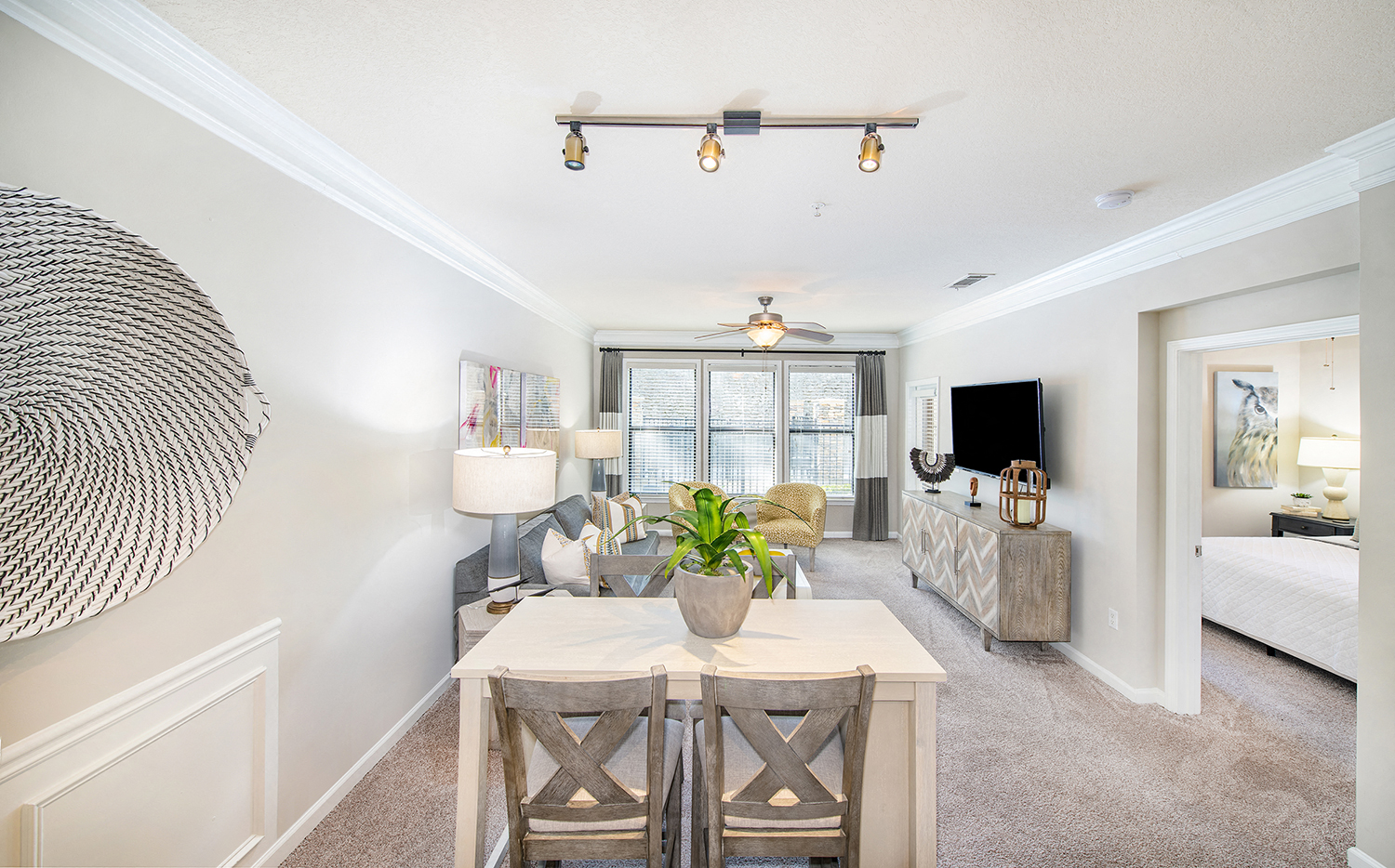 a living room with a dining room table and a couch