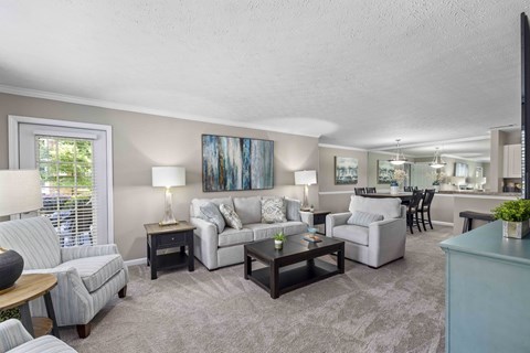 A living room with a grey carpet and furniture.