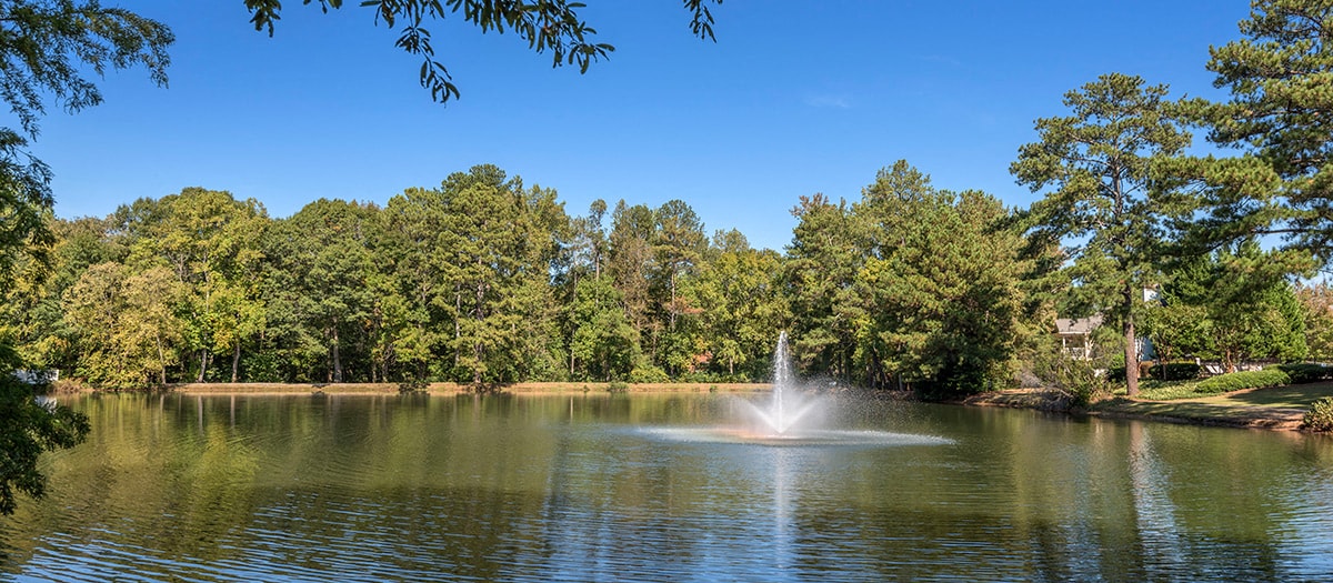 a fountain in the middle of a lake