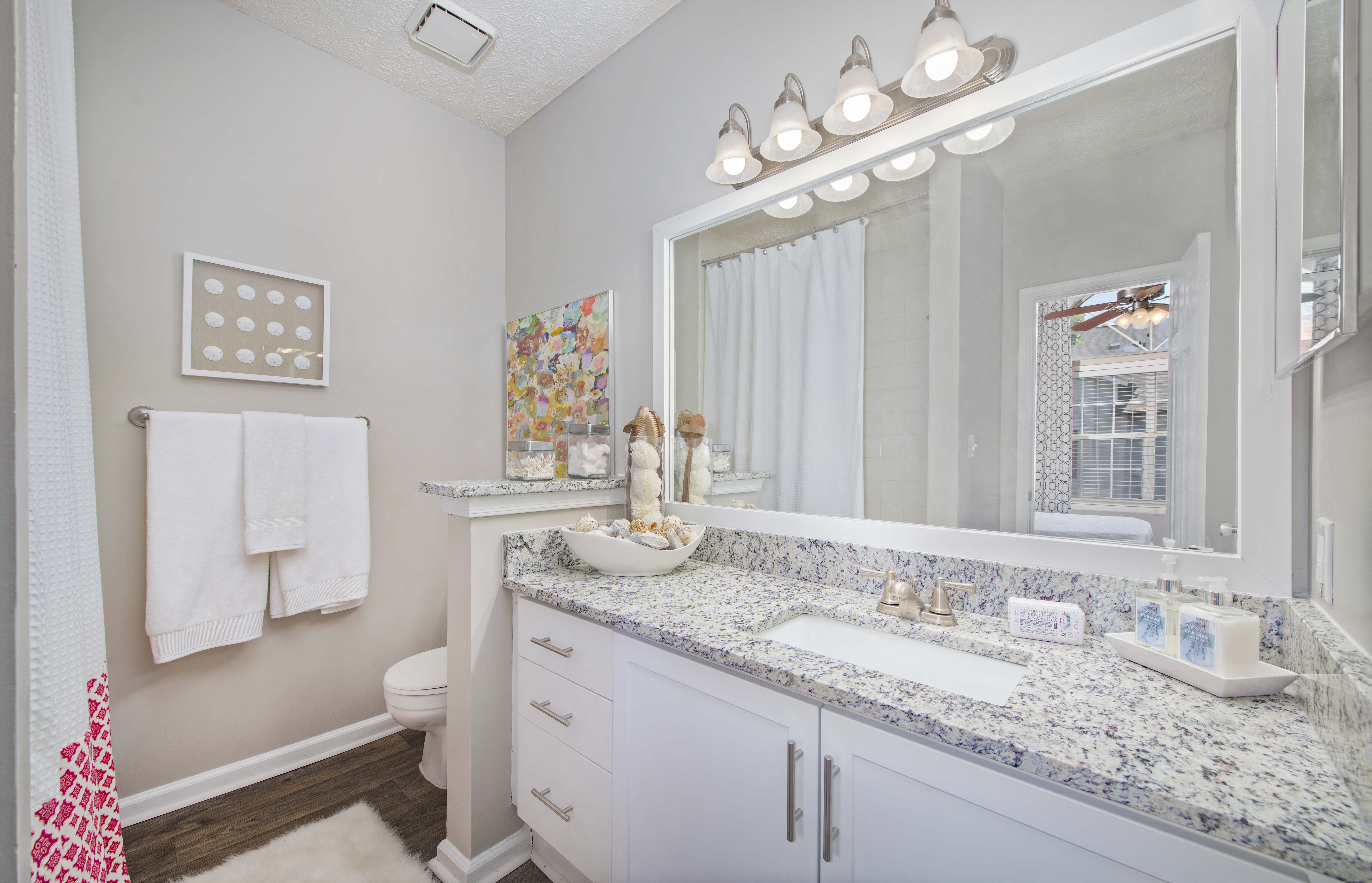 a bathroom with a large mirror and a sink