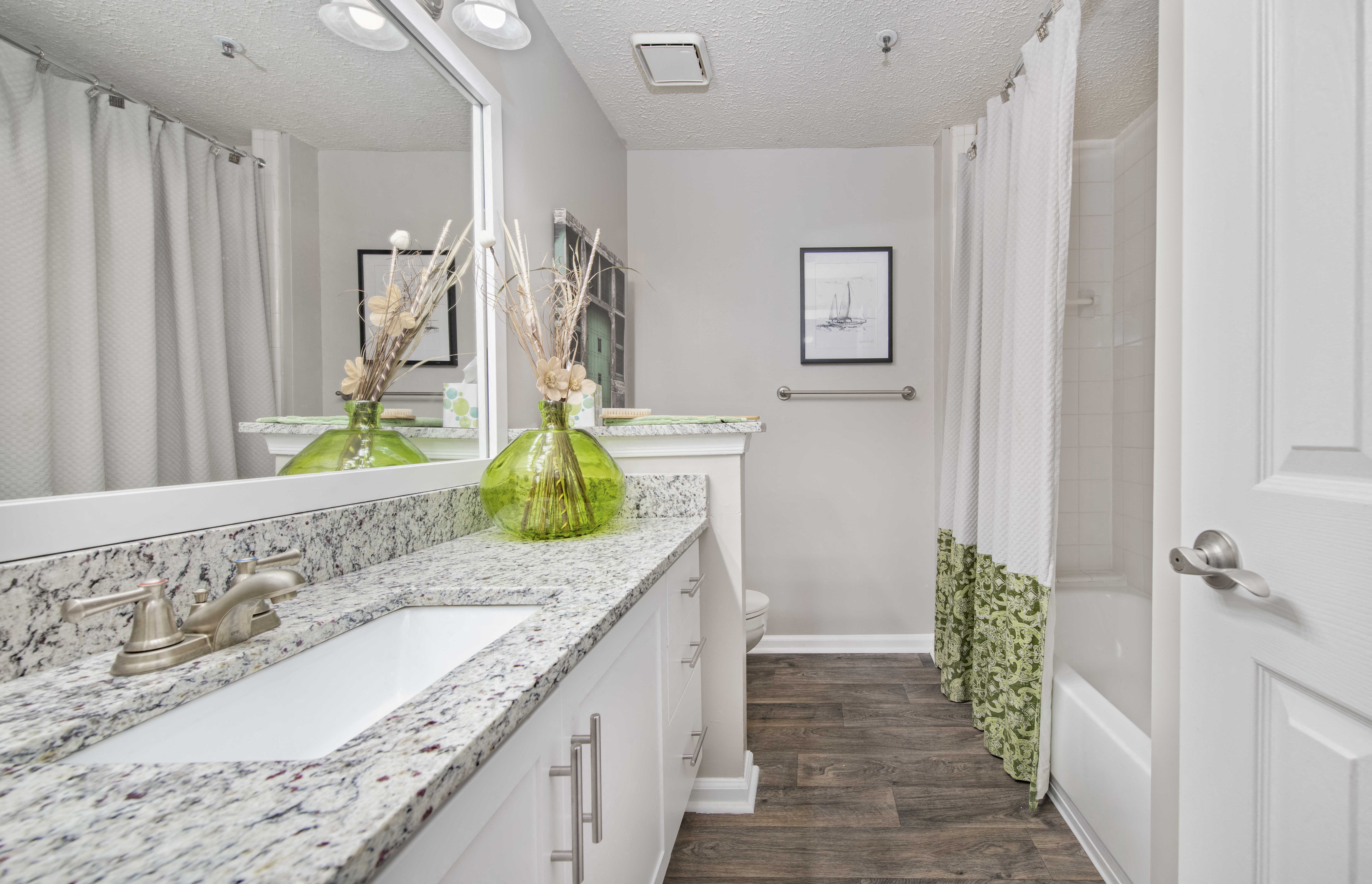 a bathroom with a sink and a shower and a mirror