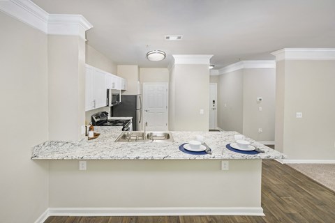 a kitchen with a marble counter top and a sink