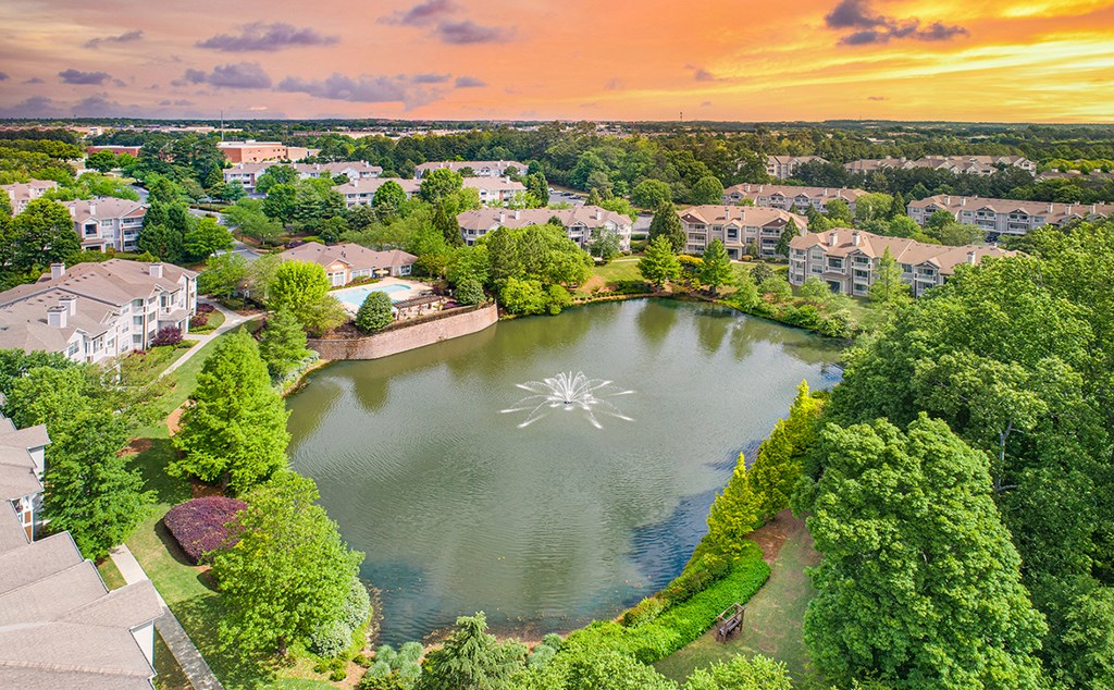 an aerial view of a pond with trees and houses around it