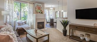 a living room with a fireplace and a television
