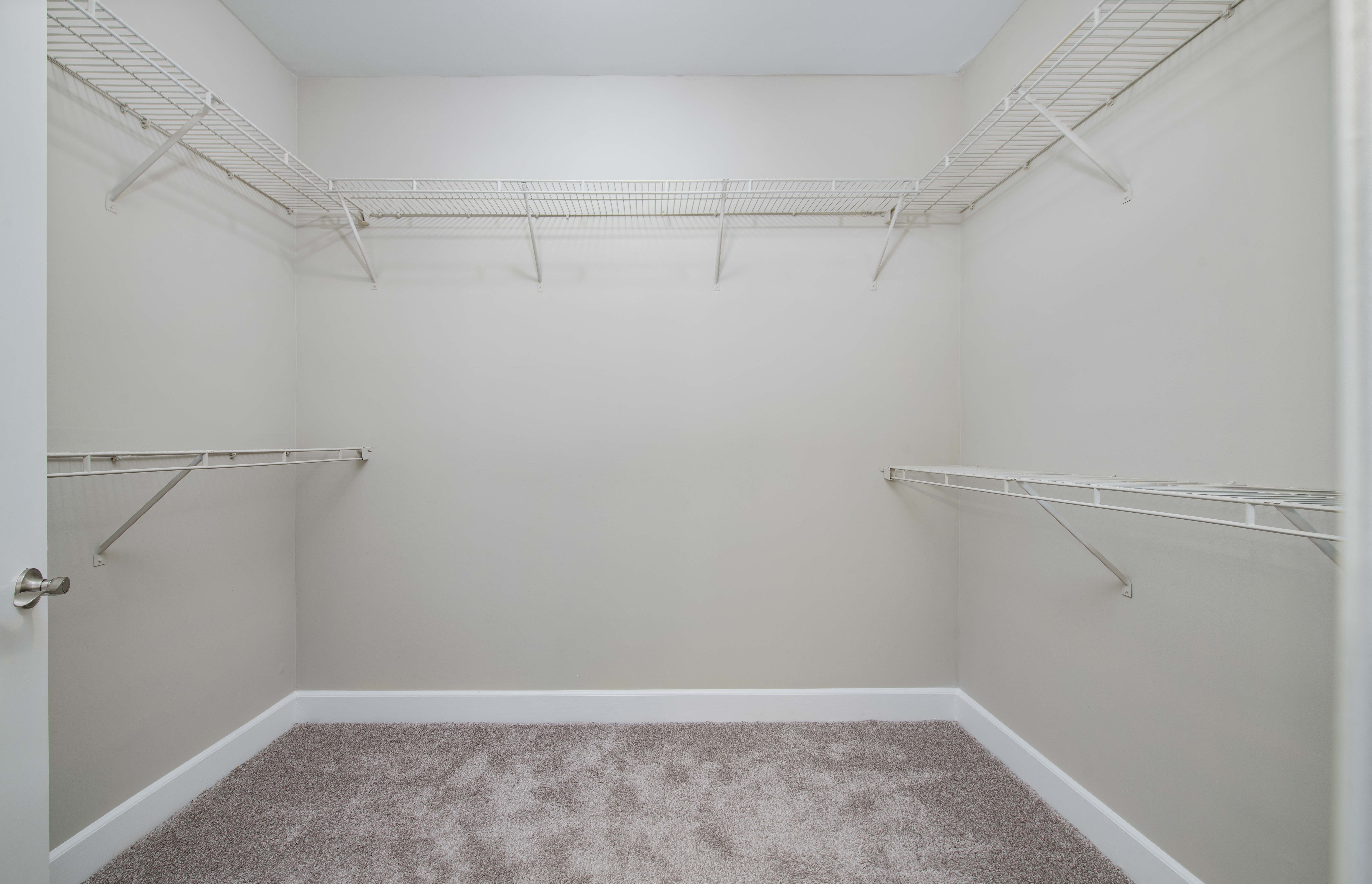 a spacious closet with shelves and carpet in a white room