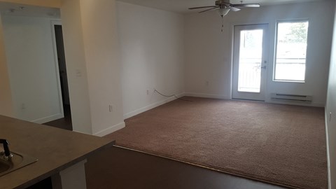 an empty living room with a rug in the middle