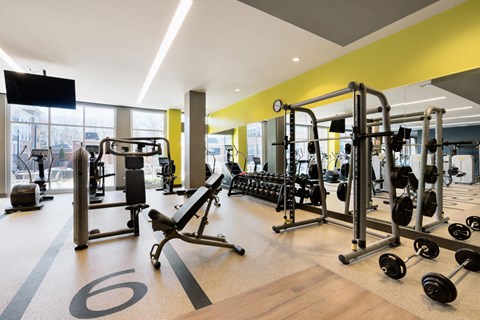 a gym with weights and cardio equipment on the floor and a window