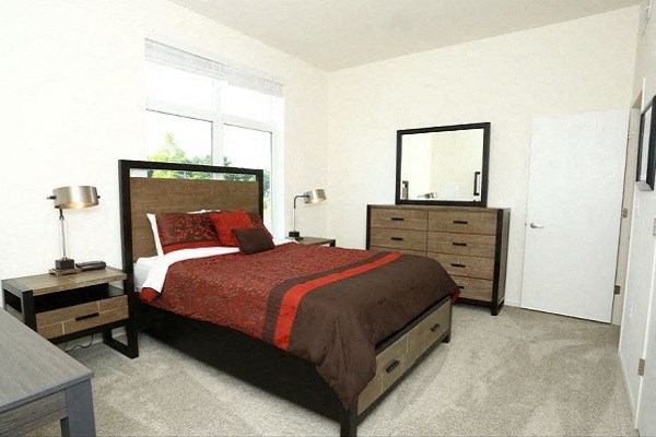a bedroom with a bed and dresser and a mirror