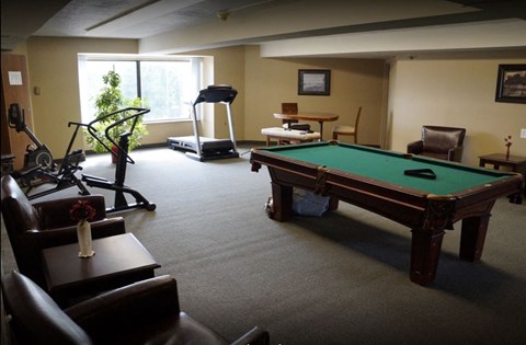 A room with a pool table, treadmill, and exercise equipment.