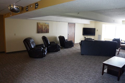A living room with a grey carpet and black furniture.