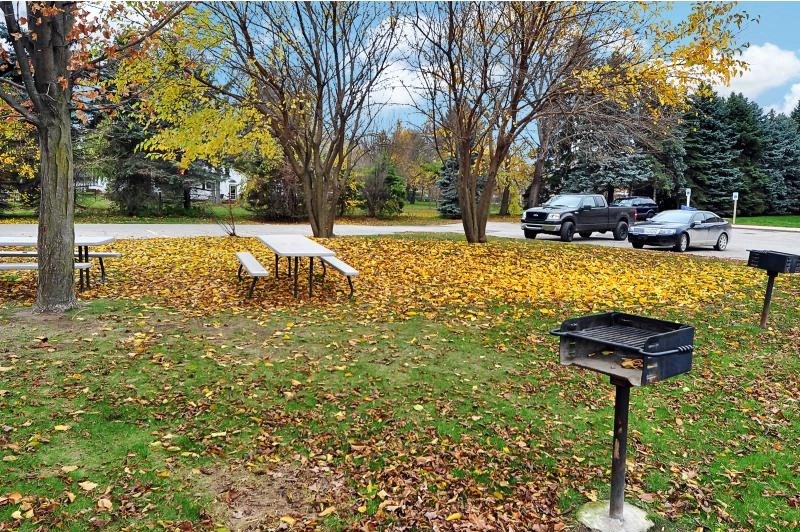 a park with a grill and a picnic table