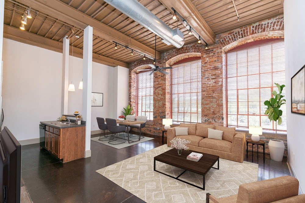 a living room with a couch and a coffee table