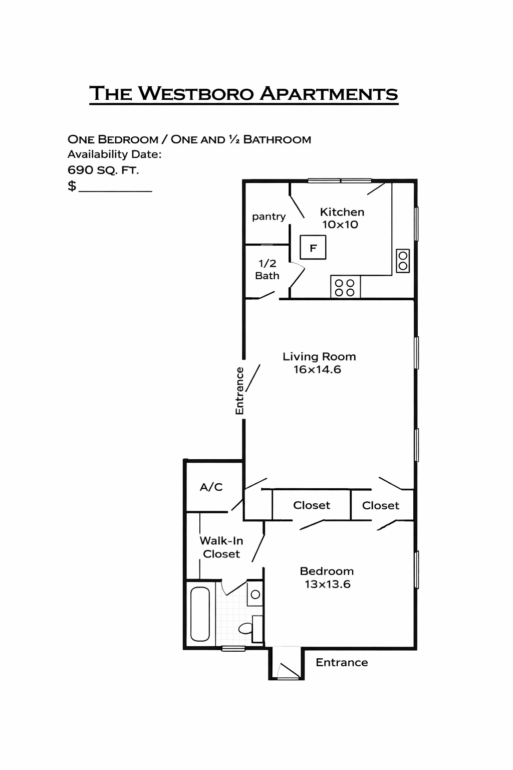 1 Bedroom 1.5 Baths