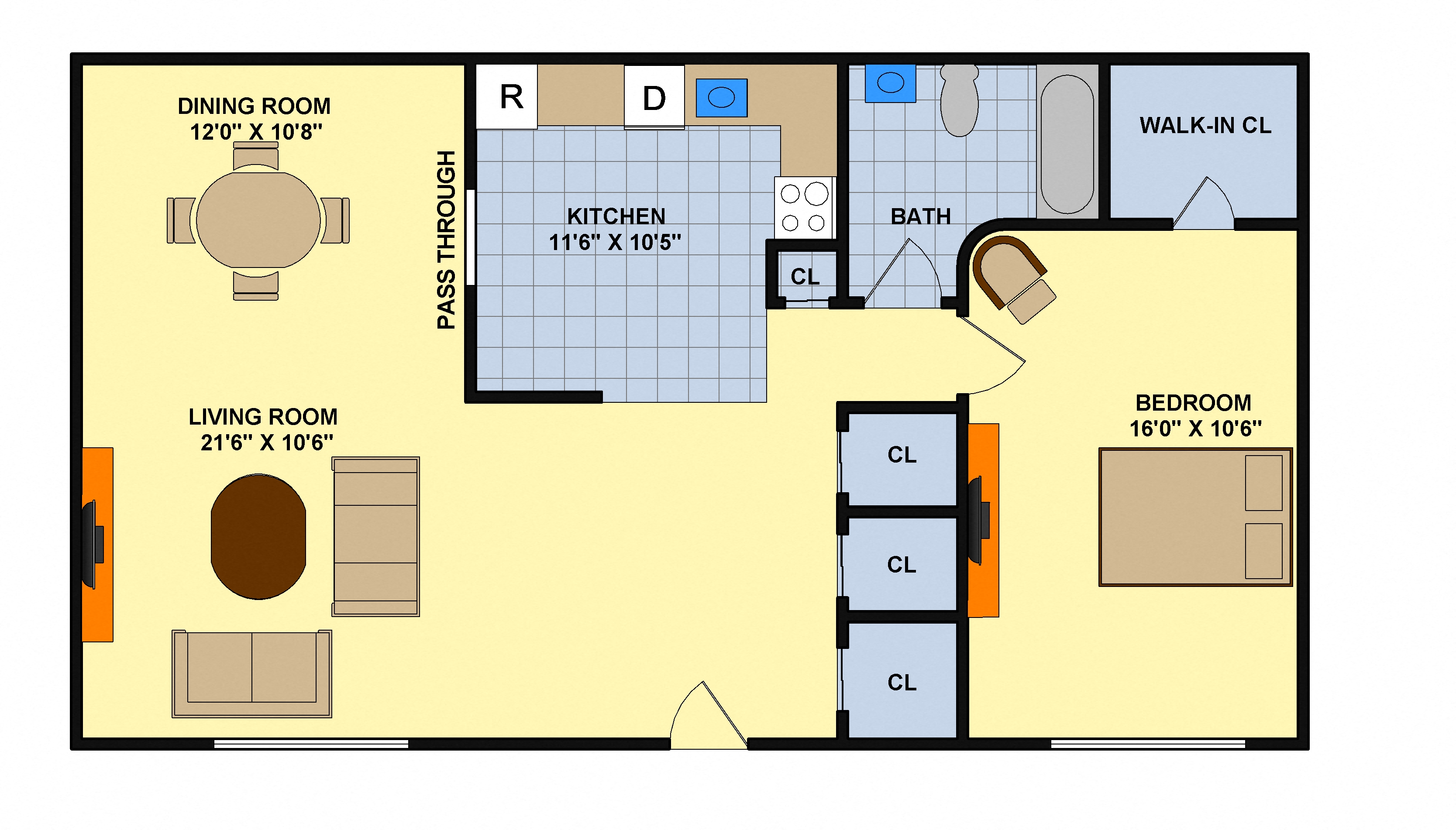 One Bedroom (Downstairs) Floorplan  at Brookwood at Sayville, Sayville, New York