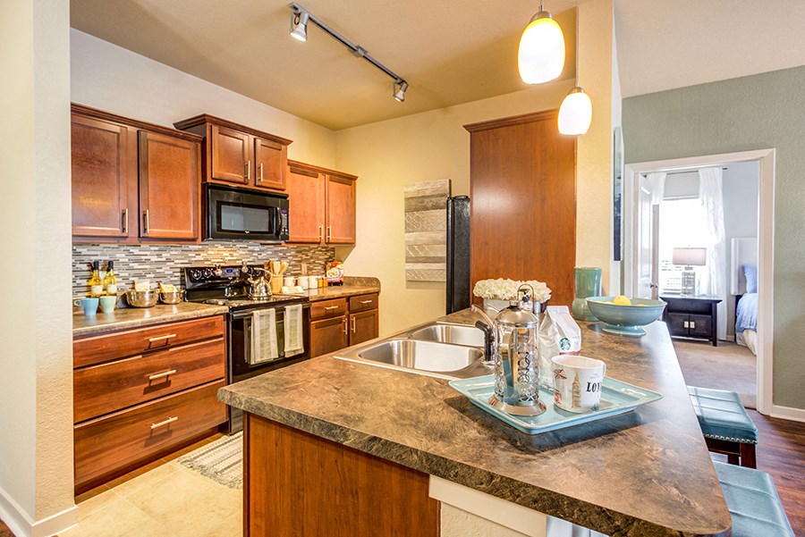 the kitchen is equipped with stainless steel appliances and granite counter tops