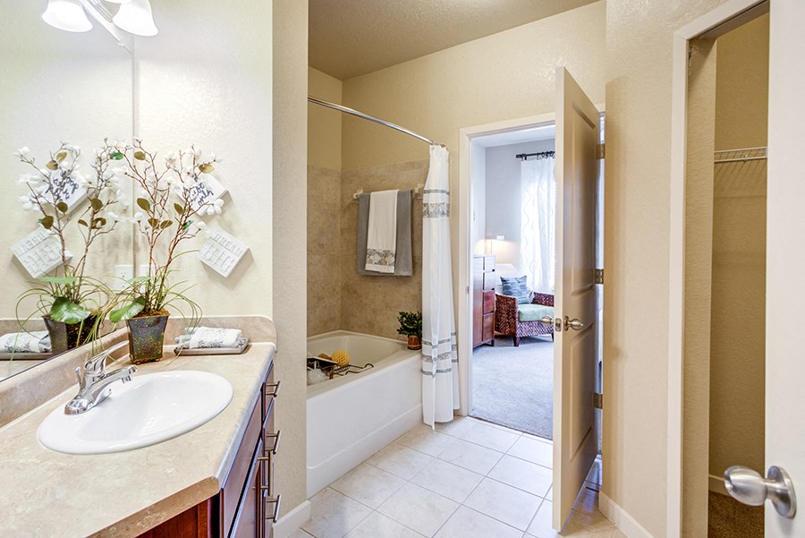 a bathroom with a sink and a tub and a mirror