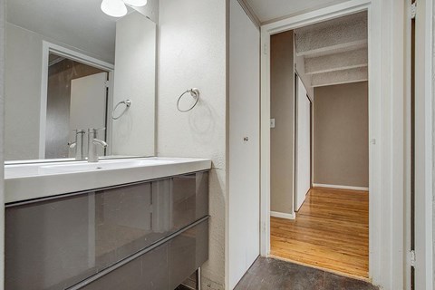 a bathroom with a sink and a mirror