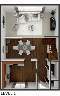 main floor of two bedroom townhome floor plan