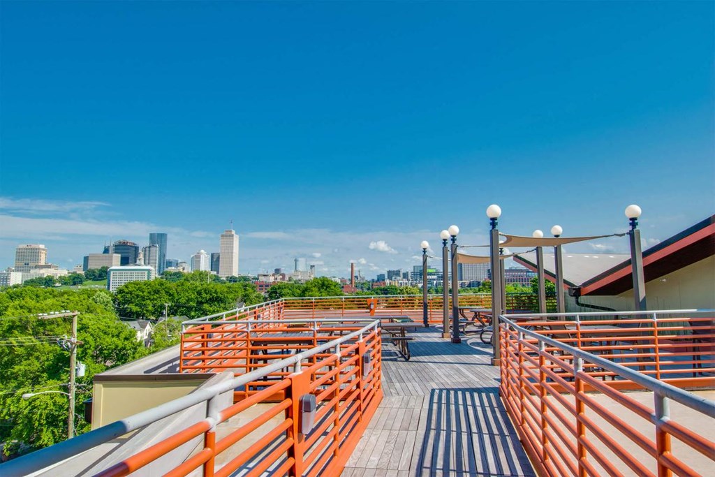 the deck on the roof of the building has views of the city