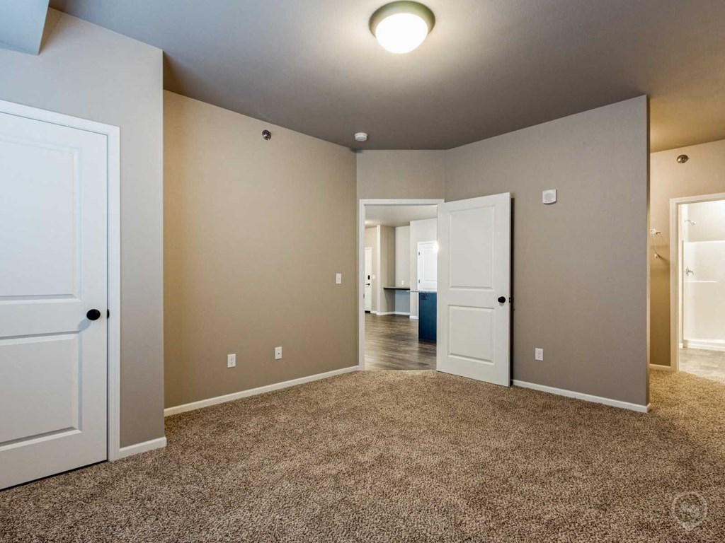 an empty living room with a carpeted floor and white doors