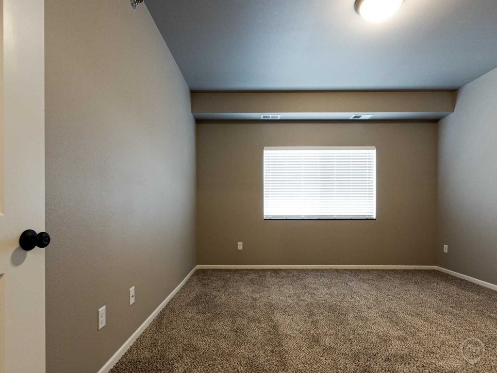 a large empty room with a window and carpet