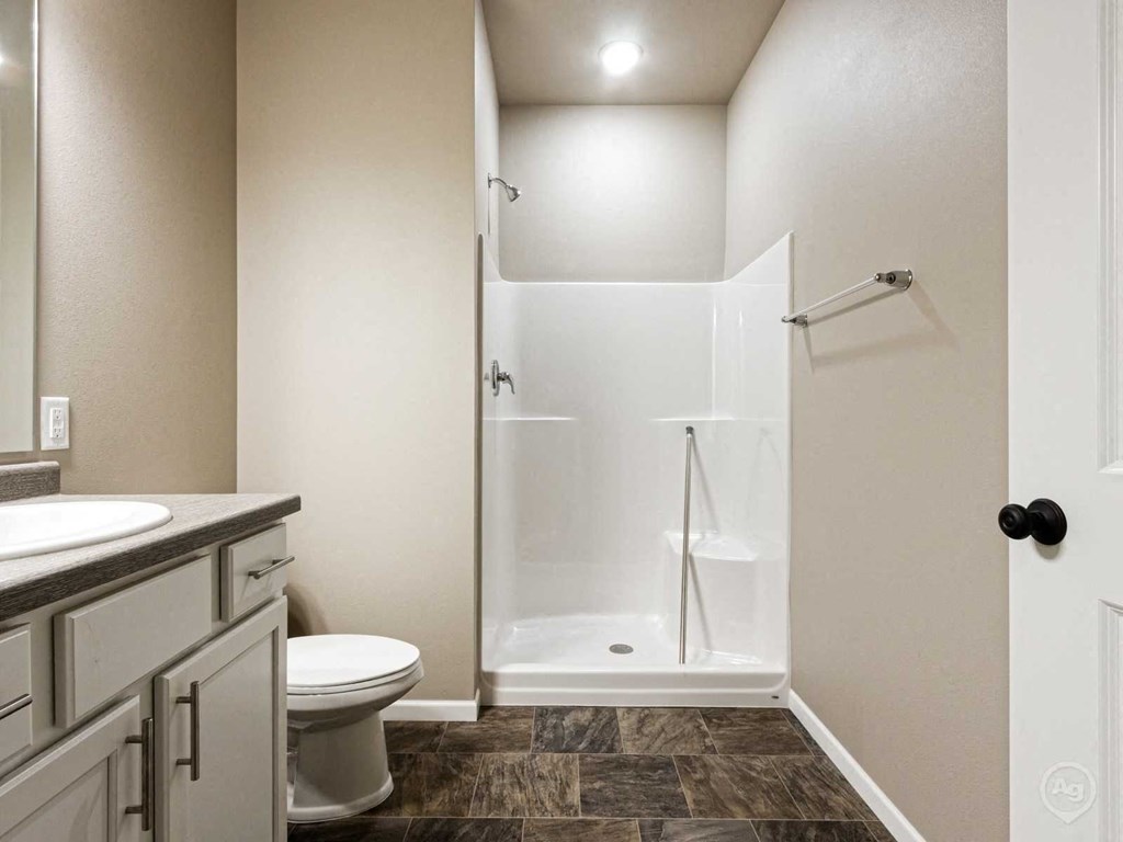 a bathroom with a shower and a sink and a toilet