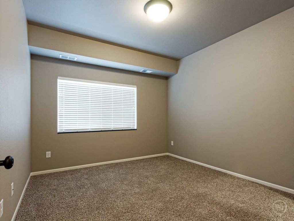 an empty room with a window and carpet