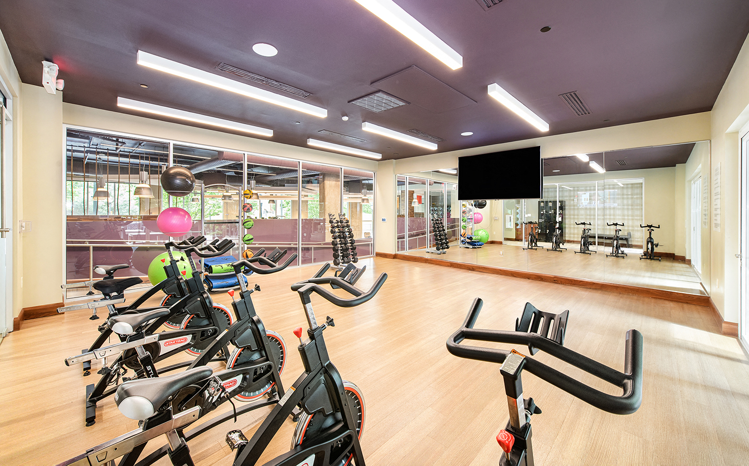 a gym with bikes and weights on the floor and a large mirror