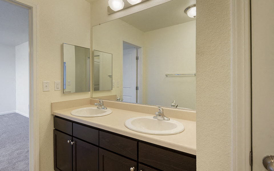 a bathroom with two sinks and a large mirror